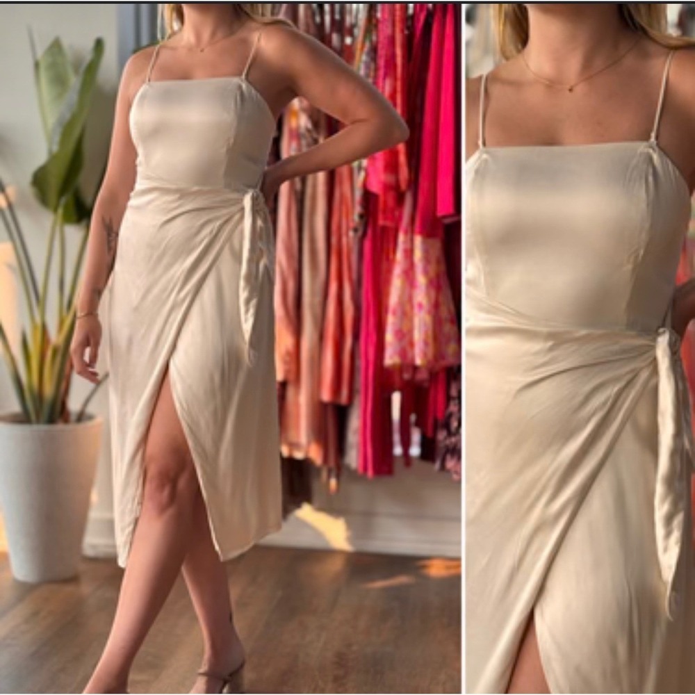 LPA Revolve Slip Midi Dress Champagne Satin Wrap Tie Adjustable Straps Medium